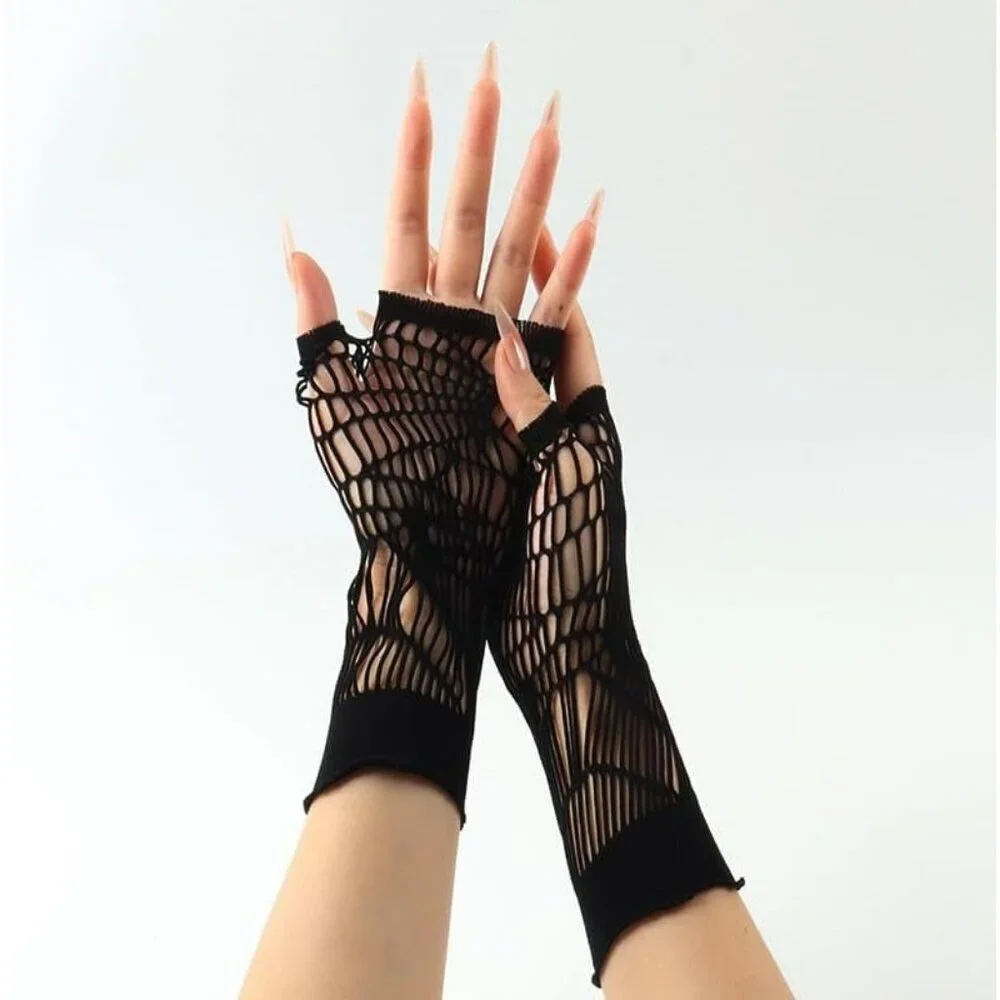 Women's Fishing Halloween Black 12 Net Gloves Fingerless Gothic Accessories